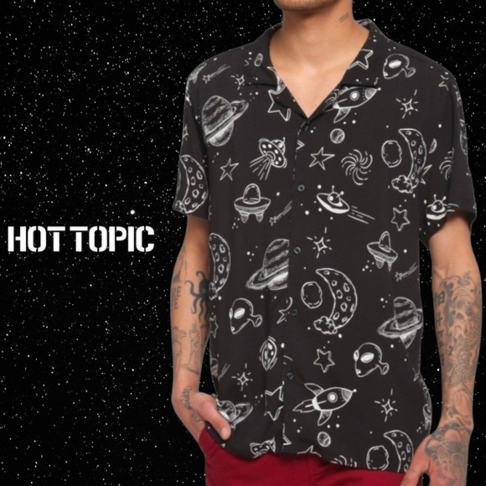 Philcos Space Alien UFO Button Down Shirt‎ Mens XL Celestial Rayon Black XL